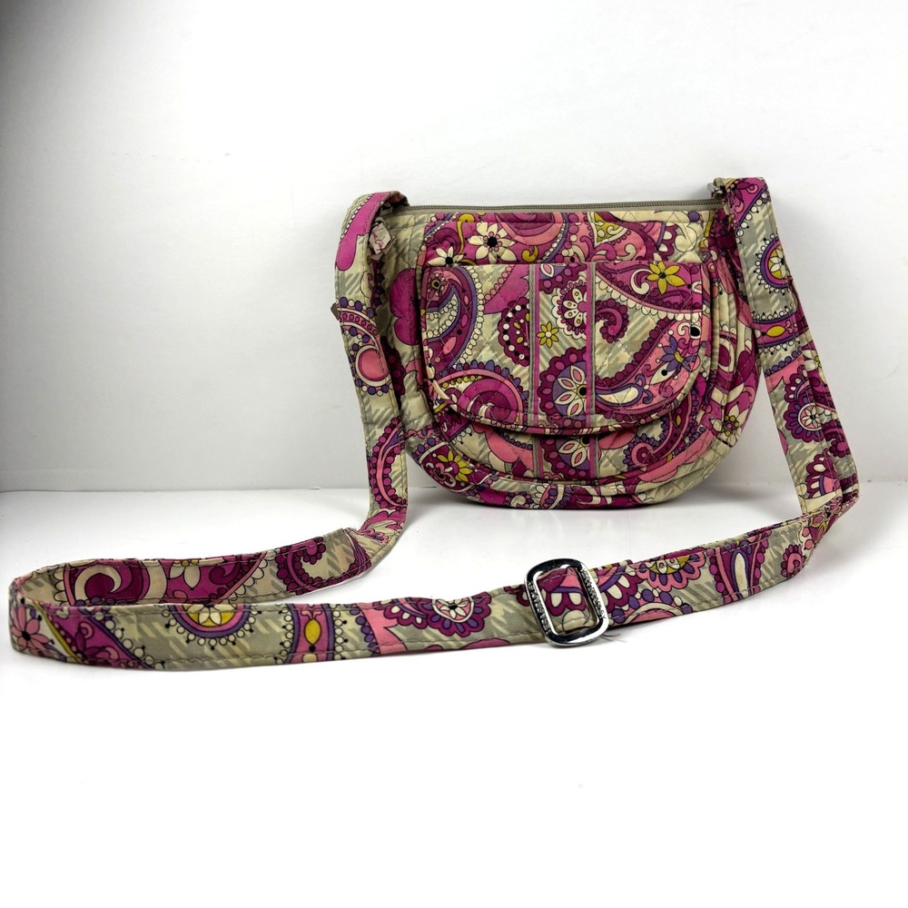 Vera Bradley Paisley Meets Plaid Quilted‎ Crossbody Bag Pink Purple Adj Strap